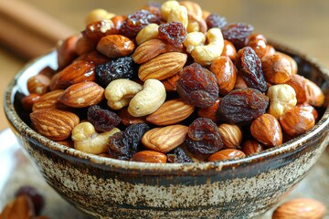 A delicious and healthy mix of nuts and dried raisins, presented in a ceramic bowl, offering a nutritious snack option for a balanced diet. Close up shot.