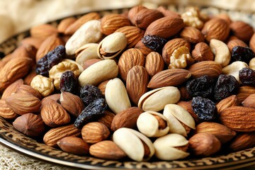 A close-up of a bowl overflowing with a mix of almonds, pistachios, walnuts, and raisins, creating a colorful and nutritious assortment perfect for a healthy snack.