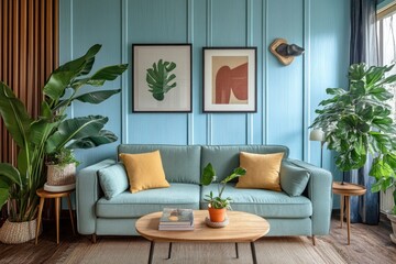 Teal living room with plants, sofa, and art.