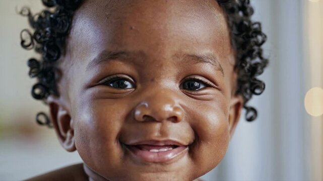 Cheerful  African American baby smiling directly at camera. Useful for family ads, baby food promotions, or emotional lifestyle visuals.
