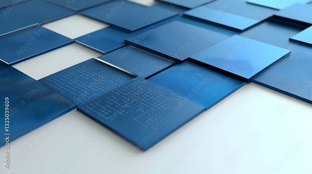 Poster abstract 3d blue metallic squares pattern with digital texture on white background modern geometric 