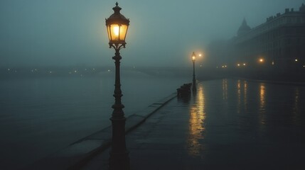 Obraz premium Misty Night, Foggy Riverfront Lampposts