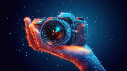 Hand Holding Digital Camera, Abstract Wireframe, Neon Glow, Dark Background