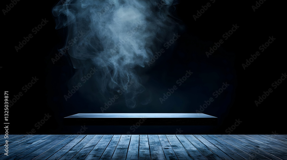 Poster abstract blue smoke rising above a platform on a dark background with surface texture lighting effec