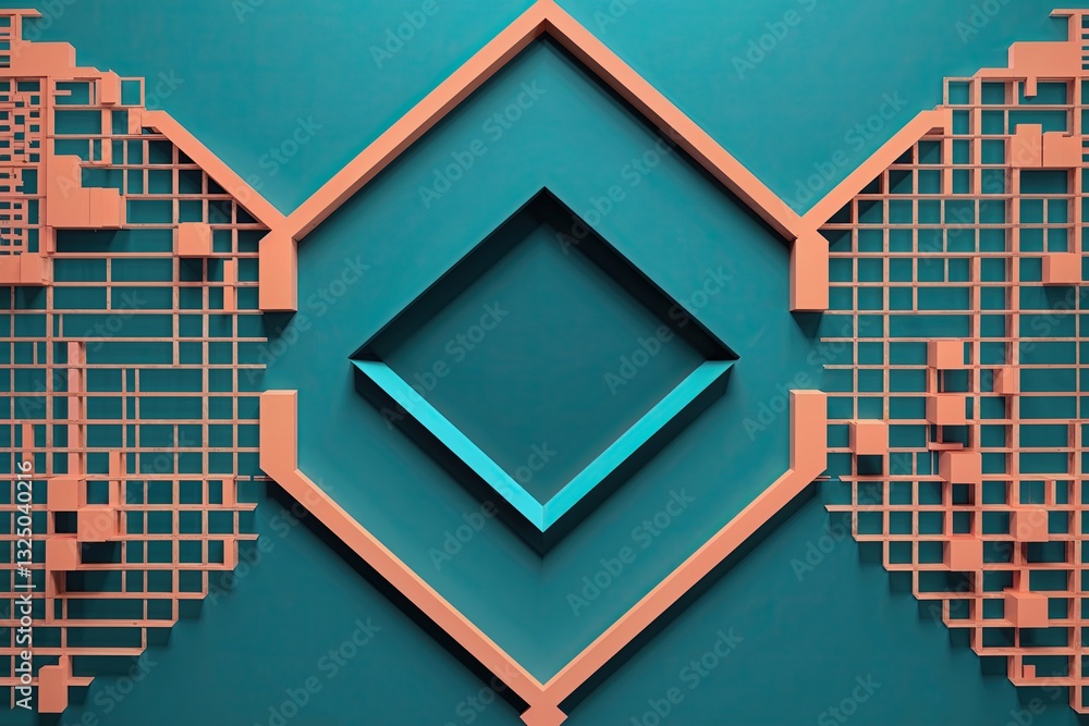 Poster vibrant teal surface with smooth diamond lines and pixelated grid forms in a bold peach border treat