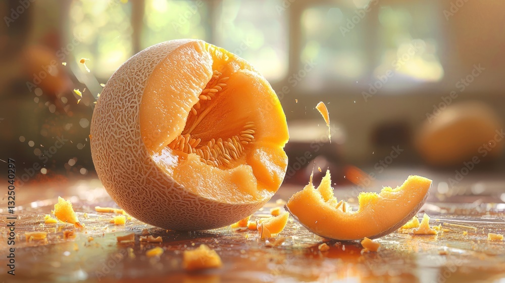 Poster a halved cantaloupe with seeds and pulp splattered on a table.