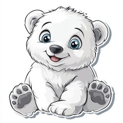 Obraz premium Adorable cartoon polar bear cub sitting, smiling, and looking directly at the camera. White fur, big blue eyes, and tiny paws.
