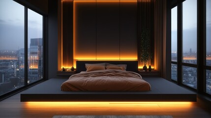 Modern urban bedroom with elevated platform bed and city view