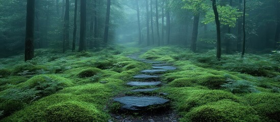 Misty Forest Path with Mossy Steps
