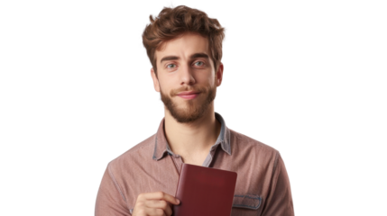 Young man holding passport on transparent background, ready for vacation