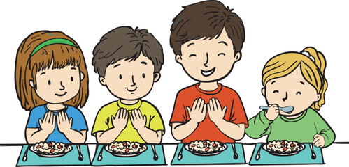 Hand-drawn illustration of a group of children sitting at a table, eating together and showing gratitude. Ideal for educational materials, social skills lessons, and parenting resources.