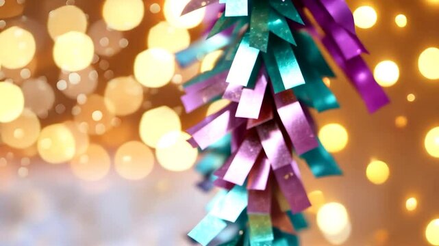 Colorful decorative streamers hang in a festive setting with blurred lights in the background