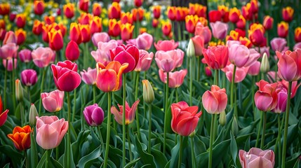 Colorful tulip field with vibrant blooming flowers