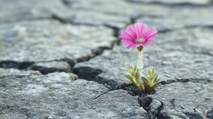 Pink flower blooms in cracked earth