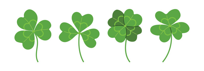 Hand drawn lucky four, and three clover shamrock leaf modern flat style vector illustration set. Irish celtic St Patrick Day logo shamrock clover leaf symbol collection.