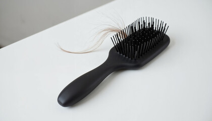 Hairbrush with hair strands on a white surface