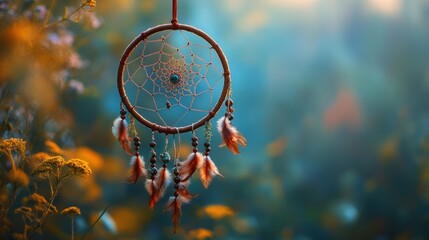 A dreamcatcher made of dried herbs and wooden beads, bohemian aesthetic