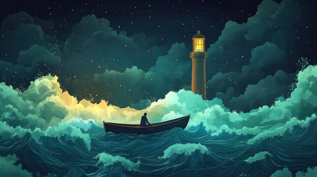 Alone in a Boat, Stormy Night, Guiding Lighthouse
