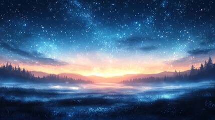 Fototapeta premium Misty meadow sunrise under starry night sky, ideal for fantasy backgrounds