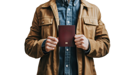 Man showing passport on transparent background, ready for international travel