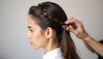 Fototapeta premium Woman styling hair with braid against neutral background