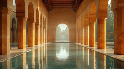 Fototapeta premium Misty morning reflection in arched walkway of historical Moorish palace