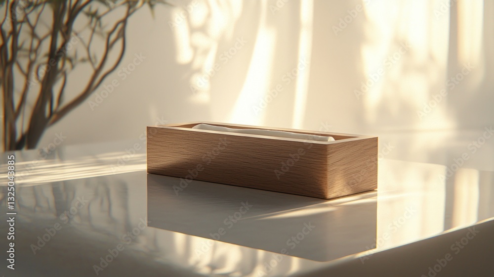Poster minimalist wooden box with white objects on a reflective surface.