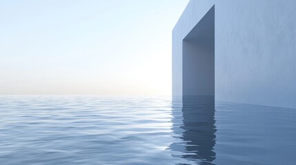 Minimalist architecture by the sea;  water reflects a building.