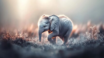 Obraz premium Adorable baby elephant calf in a field at sunrise.