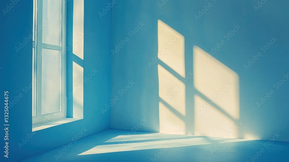 Poster sunlight streams through window in empty blue room.