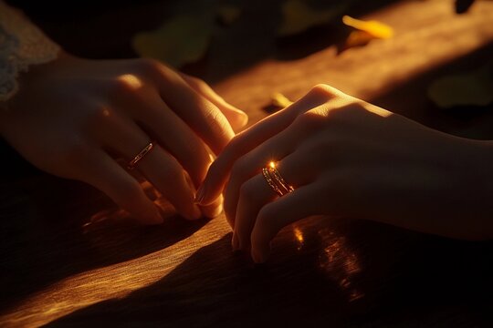 Happy couple holding hands with wedding rings glowing