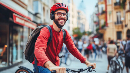 Naklejka premium Happy tourist riding bicycle and listening music in city center