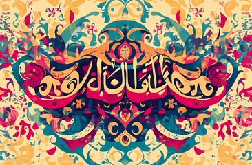 Colorful Arabic Calligraphy Surrounded by Intricate Floral Patterns on Warm Background

