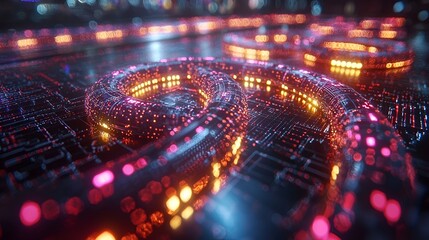 Abstract glowing circuit rings in city background
