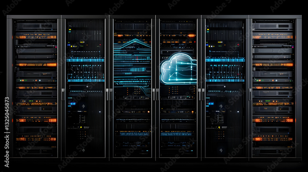 Aufkleber data center server racks with illuminated cloud symbol in dark environment