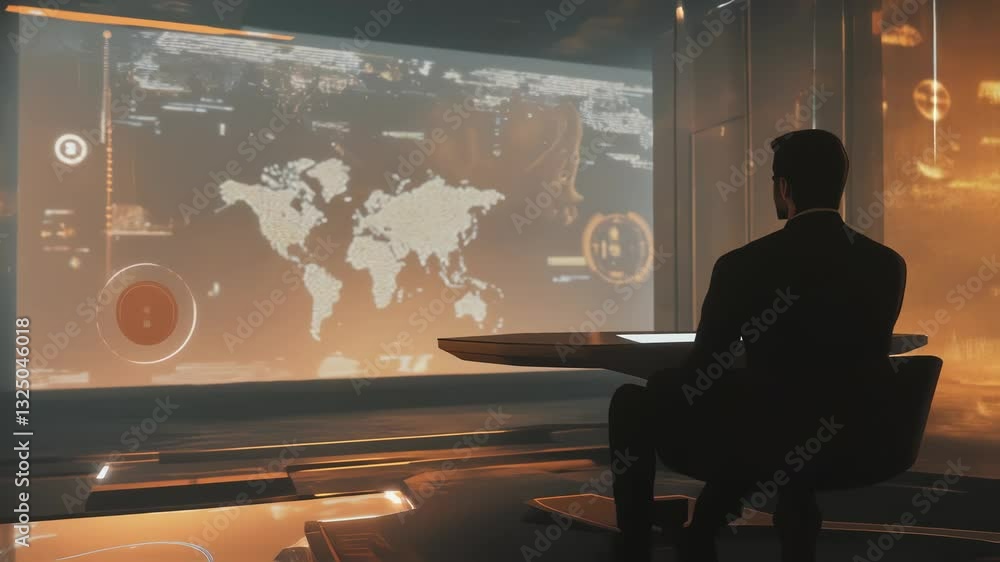 Poster professional businessman analyzing global data on transparent futuristic screen. pointing at world m