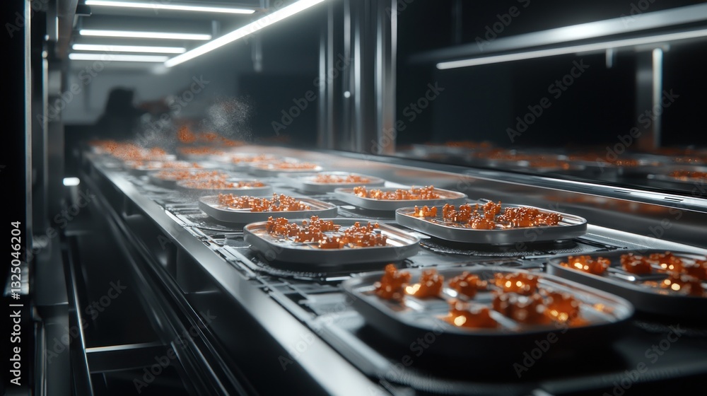 Aufkleber automated food processing line with trays of product moving on conveyor belt.