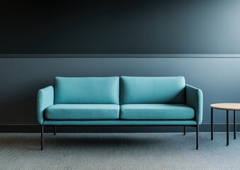 Teal sofa against dark wall with side table.