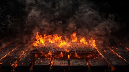 Fiery inferno engulfing wooden planks in smoky darkness.