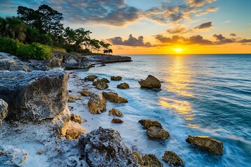lovely florida bay rim with bright sunset and craggy shore marked by its odd forms gorgeous coastal sights sunny retreat  

