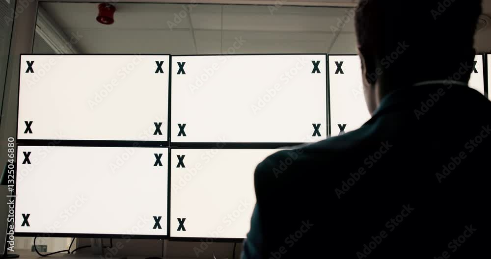 Poster blank, reading and back of man by computer screen with research for stock market. technology, mockup