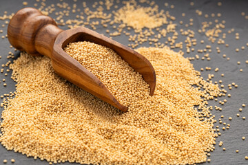 Raw organic amaranth seeds in a spoon - Amaranthus