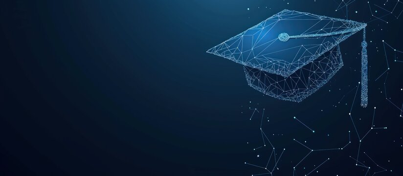 Glowing graduation cap polygonal low poly illustration on dark background. AI generated image