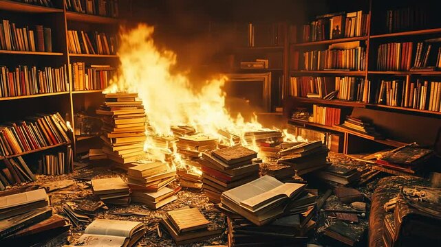 Inferno of knowledge: A devastating fire engulfs a library, consuming books