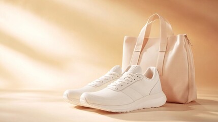 White sneakers and tote bag resting on warm peach surface