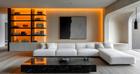 Photo Modern Living Room Interior Design White Sofa Marble Coffee Table Abstract Art Backlit Bookshelves Warm Lighting