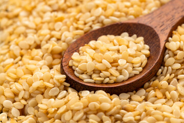 Raw dried sesame seeds in a spoon - Sesamum indicum