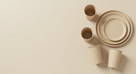 Eco-friendly disposable tableware collection on a neutral background conveying simplicity and sustainability for outdoor dining experiences