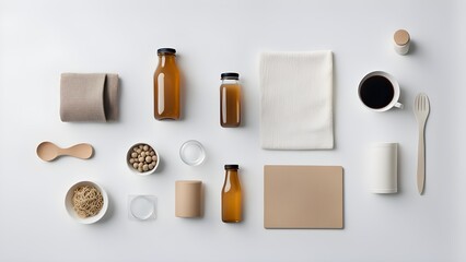 Naklejka premium Flatlay showcasing amber drinks bottles, beige textiles, wooden utensils, minimalist tableware a white background.