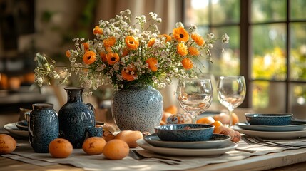 Table is set with a blue vase of flowers, a bowl of oranges, and a wine glass. The table setting is elegant and inviting, with a sense of warmth and hospitality. The oranges add a pop of color